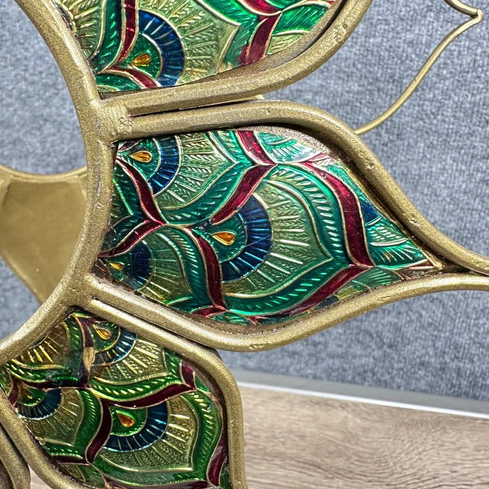 VTG Pier One Wine Rack Lotus Enamel Peacock Art Nouveau Bohemian Eclectic Jewel